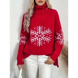 Women's Elegant Snowflake Christmas Sweater - High Neck Long Sleeve Red Winter Top, Festive Holiday Party Outfit, Cozy Winterwear Blouse