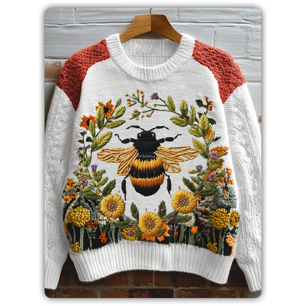Women's Sweater - Bee & Floral Print Pattern Sweater, Beige//Orange/Purple/Teal/Black/White/Gray/, Fall Shoulder Sleeves for Everyday & Formal Outfits