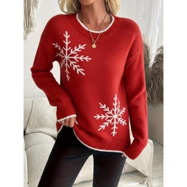 Women'S Snowflake Print Sweater - Winter Season, Holiday Style, Long Sleeves, Contrast Trim, Trendy Holiday Fashion, Ideal For Christmas Parties, Winter Outings, And Festive Events