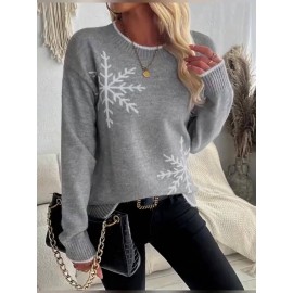 Women'S Snowflake Print Sweater - Winter Season, Holiday Style, Long Sleeves, Contrast Trim, Trendy Holiday Fashion, Ideal For Christmas Parties, Winter Outings, And Festive Events