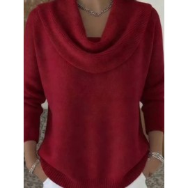 Christmas Green Elegant Long Sleeve Cowl Neck Sweater - Solid Color Minimalist Top, Women'S Winter Warm Pullover