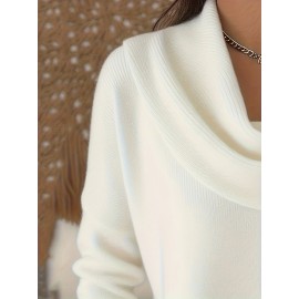 Christmas Green Elegant Long Sleeve Cowl Neck Sweater - Solid Color Minimalist Top, Women'S Winter Warm Pullover