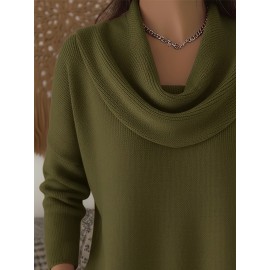 Christmas Green Elegant Long Sleeve Cowl Neck Sweater - Solid Color Minimalist Top, Women'S Winter Warm Pullover