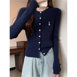 Women'S Elegant Navy Cardigan - Soft Sweater with Button Front, Long Sleeve Winter Coat for Fall/Winter, Office, Party
