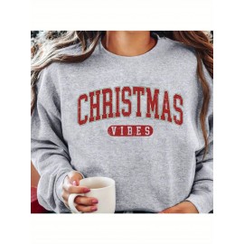 1pc Women'S Casual Crew Neck Sweatshirt, Christmas Vibes Sweatshirt Alphabet Pattern Long Sleeve Pullover For Autumn/ Winter, Grey Sweatshirt