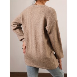 Women's Elegant Long Cardigan Sweater with Button Front Placket & Drop Shoulder Sleeves - Soft Winter Coat, Regular Length Fall/Winter Outerwear (No Chest Padding/) - Casual to Office Wear for Layering over Dresses, Blouses & Trousers