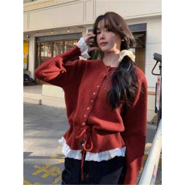 Women's Elegant Lace Patchwork & Tie Waist Loose Cardigan Sweater - Off-Shoulder/Boat Neck Jacket, Cozy Fall/Winter Outerwear, Machine Washable Layering Piece for Blouses & Trousers (Patchwork Design)
