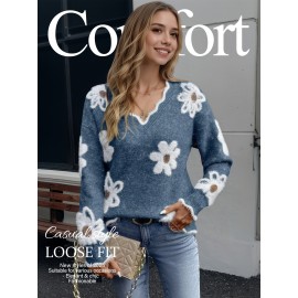 Block Long-Sleeve Sweater, Warm and Gentle with Plush Flower Prints and Lace V-Neck, Gentle Lazy and Sweet Fashionable and Elegant, Blue Color, Best-Selling Item on Pre-Order