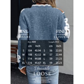 Block Long-Sleeve Sweater, Warm and Gentle with Plush Flower Prints and Lace V-Neck, Gentle Lazy and Sweet Fashionable and Elegant, Blue Color, Best-Selling Item on Pre-Order