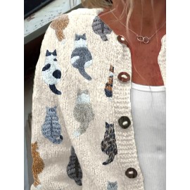 Women's Casual Cat Print Cardigan - Long Sleeve Round Neck Open Front Sweater with Button Closure, Machine Washable Spring/Fall Layering Piece for Casual Attire, Cat Sweater, Durable Knitwear