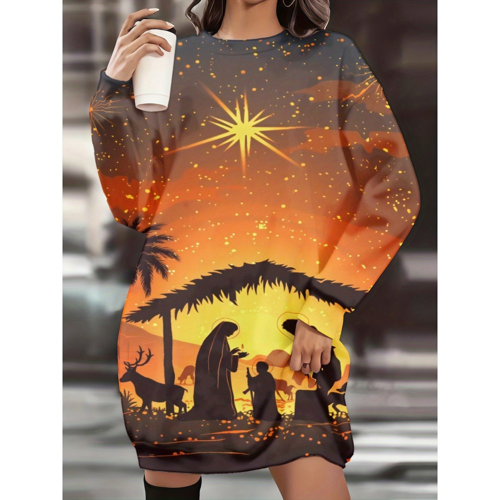 Women's Plus Size Full-Length/Long-Length Christmas Nativity Dress - Elegant Slim-Fit Church Costume with Mary & Silhouette, Palm Tree & Starry Night A-Line for Nativity Plays, Church Events & Holiday Parties (Machine Washable