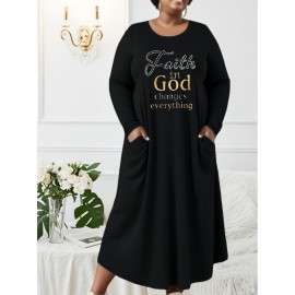 Women's Plus Size Long Maxi Dress with Faith In God Changes Everything - Maroon Religious Dress, Machine Washable Church Outfit, Loose Fit Fall Winter Formal & Casual Wear, Faithbased Apparel, Elegant Longsleeve Design, Comfortable Fabric