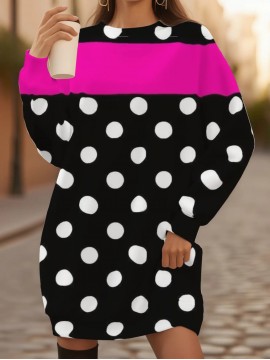 Women's Oversized Black & Pink Polka Dot Sweater - Tuxedo-Inspired Collar, Machine Washable Winter Coat Jacket, Loose-Fit All-Season Blazer for Casual & Formal Events, Pink & Black Digital Print Layering Piece