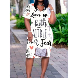 Plus Size Women's Christian Faith Dress - V-Neck Short Sleeve Church Dress with Verse Prints, Casual Loose Fit Short for Worship, Wedding Guest & Casual Attire (No Padding/)