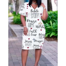 Plus Size Women's Christian Faith Dress - V-Neck Short Sleeve Church Dress with Verse Prints, Casual Loose Fit Short for Worship, Wedding Guest & Casual Attire (No Padding/)