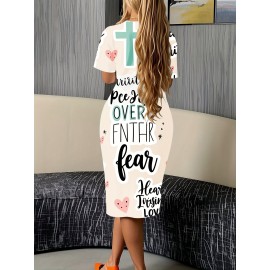Plus Size Women's Christian Faith Dress - V-Neck Short Sleeve Church Dress with Verse Prints, Casual Loose Fit Short for Worship, Wedding Guest & Casual Attire (No Padding/)