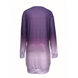 Women'S Plus Size Casual Long Sleeve Pullover Dress - Solid Purple Midi Length A-Line Silhouette with Crew Neck, Slight Stretch Fabric, Cozy Fall/Winter Dress with Pocket Detail & Smooth Texture for Everyday & Semi-Formal Wear - Easy-Care Versatile