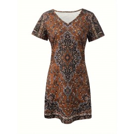 Women'S Ethnic Print Summer Dress - V-Neck, Short Sleeve, Bodycon Fit, Long Length, Flared Hem, Casual Style for Outdoor Activities, Casual Summer Dress | Vneck Dress | Stretchy Fabric