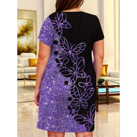 Ladies Elegant 3D Purple Glitter Butterfly Print V-Neck Short Sleeve Dress - Fit Stretch Black Purple Party Dress, Machine Washable, Suitable for Casual and Formal Settings, Comfort Edition