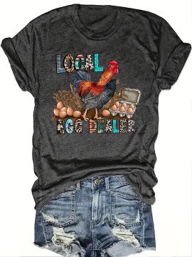 Women's Easter Graphic T-Shirt - Farmhouse Chicken Egg Dealer Design Crew Neck Tee - Dark Grey Casual Top - Machine Washable Everyday & Easter Party Shirt for Women, Holiday Celebration, Seasonal Fashion, Geometric Pattern, Breathable Fabric, Comfortable Material, Printed Blouse, Holiday Shoppers