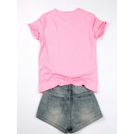 Women'S Red Cartoon Rooster & Stars Print T-Shirt - Loose Fit Crew Neck Short Sleeve, Breathable Summer Top with & Pink Rooster Design, Casual & Party Wear, Machine Washable Soft Everyday Shirt for Women