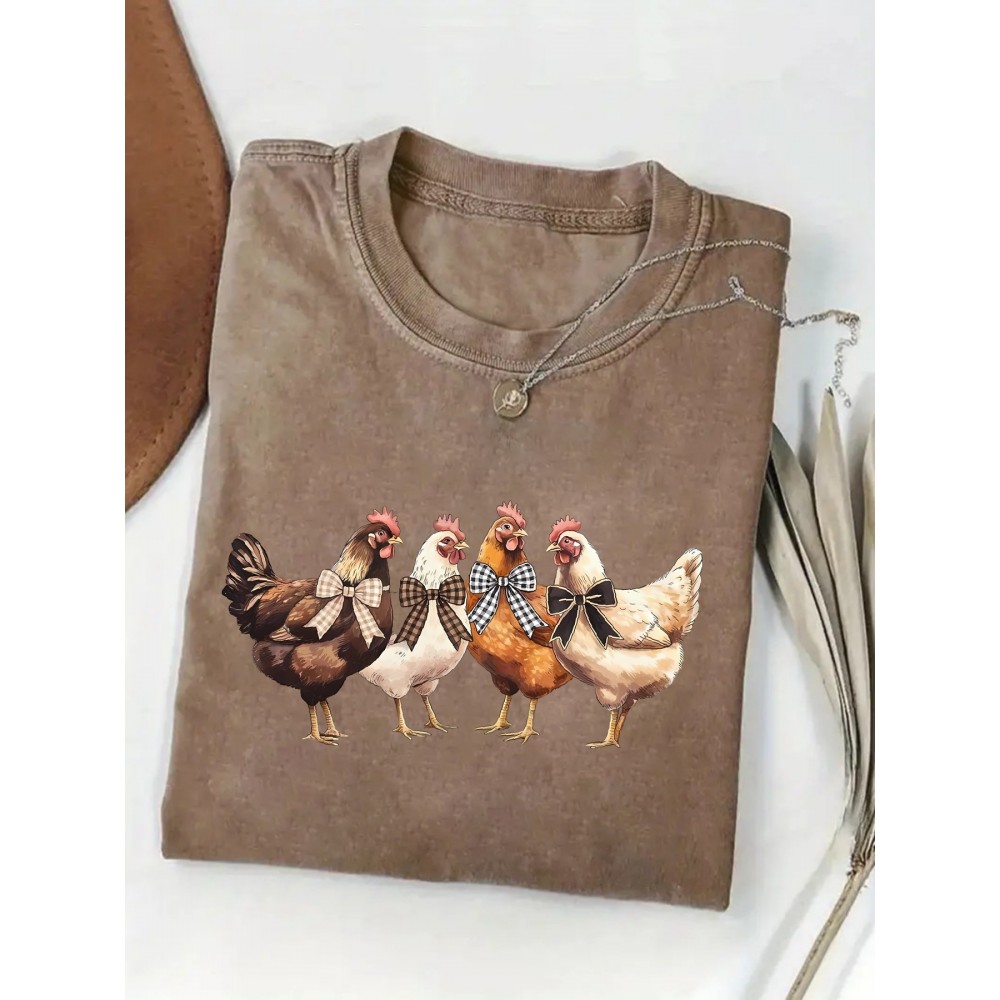 Women's Turquoise Blue Short Sleeve T-Shirt - Soft Pure Round Neck Top with Chicken Print (Hens & Bow Tie Design) - Casual & Party Wear for Spring Summer Fall - Comfortable Colors Everyday Blouse