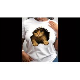 [Cute Orange Kitten T-Shirt] Lightweight Comfortable Fit Women's Cute Orange Kitten Peeking from Torn Hole Graphic T-Shirt - Red Casual Everyday Tee for Pet Lovers - Medium Elasticity Fabric Spring Summer Apparel