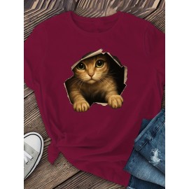 [Cute Orange Kitten T-Shirt] Lightweight Comfortable Fit Women's Cute Orange Kitten Peeking from Torn Hole Graphic T-Shirt - Red Casual Everyday Tee for Pet Lovers - Medium Elasticity Fabric Spring Summer Apparel