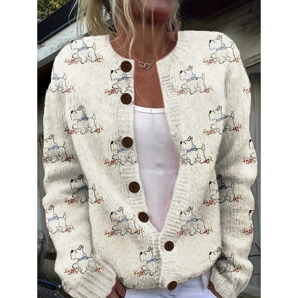 [Constructi] Plus Size Women's Elegant Dog Print Cardigan | Cozy Fall/Winter Sweater, Soft & Pug Pattern, Button Front, Long Sleeve, Round Neck, All-Over Dog Design, Casual Wear | Playful Dog Design