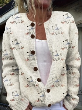 [Constructi] Plus Size Women's Elegant Dog Print Cardigan | Cozy Fall/Winter Sweater, Soft & Pug Pattern, Button Front, Long Sleeve, Round Neck, All-Over Dog Design, Casual Wear | Playful Dog Design
