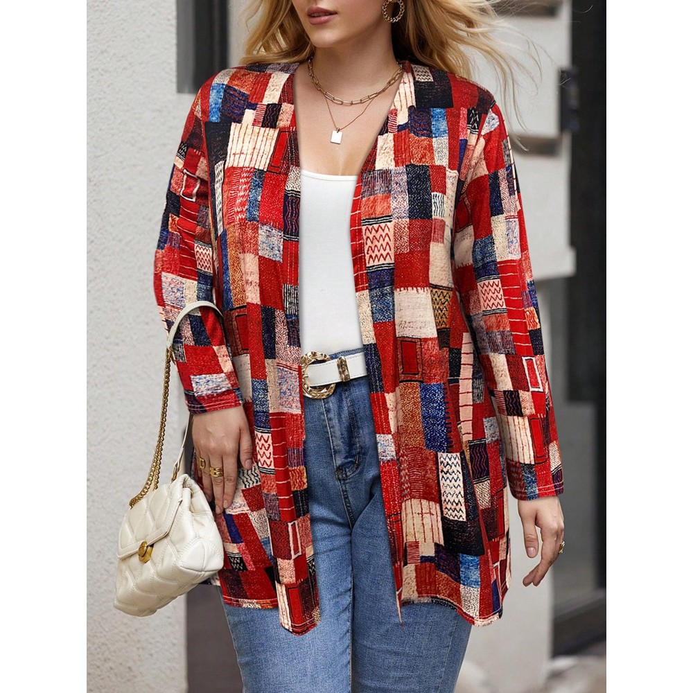 Plus Size, Women's Plus Size Oversized Geometric Pattern Cardigan Sweater - Long Sleeve Winter Warm Coat with Multicolor (Red/Blue/Black/White/Beige/Brown) | Machine Washable Casual & Formal Outerwear for Fall Winter Layering | Cozy Sweater Jacket, Oversized Sweaters for Women, Winter Jacket for Women Plus Size, Plus Size Cardigan, Lightweight Cardigan for Women, Plus Size Winter Coats for Women, Cold Weather Wear, Stylish Knitwear, Soft Fabric, Comfortable Texture