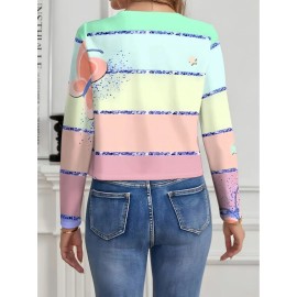 Plus Size - Plus Size Women'S Elegant Pastel Short Cardigan - Soft Pastel Pink, Mint Green, Lavender, Yellow, Brown & Golden Horizontal Striped Sweater with & Patterns, Long Sleeve Open Front Design, Machine Washable Cozy Fall Winter Layering Piece