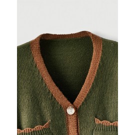 [Plus Size Cardigan] Cozy Green Plus Size Women's V-Neck Cardigan | Long Sleeves, Front Buttons, Pockets, Floral & Animal Embroidery, Brown Trim | Winter Knit Outerwear, Stylish Button Closure, Detailed Embroidery