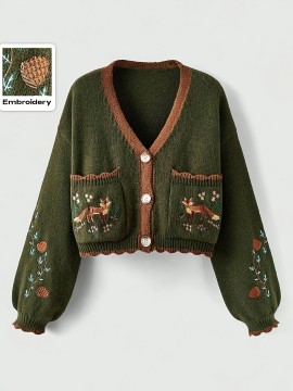 [Plus Size Cardigan] Cozy Green Plus Size Women's V-Neck Cardigan | Long Sleeves, Front Buttons, Pockets, Floral & Animal Embroidery, Brown Trim | Winter Knit Outerwear, Stylish Button Closure, Detailed Embroidery