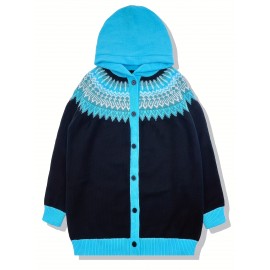 Plus Size, 2D FLAT PATTERN Soft Jacquard Glacier Snow Mountain Hooded Cardigan, Elegant, Fashionable, Comfortable, Casual And Retro Hooded Coat