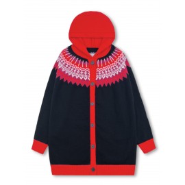 Plus Size, 2D FLAT PATTERN Soft Jacquard Glacier Snow Mountain Hooded Cardigan, Elegant, Fashionable, Comfortable, Casual And Retro Hooded Coat