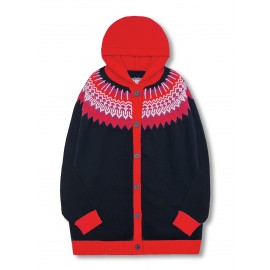 Plus Size, 2D FLAT PATTERN Soft Jacquard Glacier Snow Mountain Hooded Cardigan, Elegant, Fashionable, Comfortable, Casual And Retro Hooded Coat