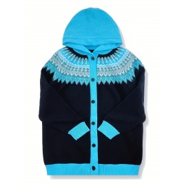 Plus Size, 2D FLAT PATTERN Soft Jacquard Glacier Snow Mountain Hooded Cardigan, Elegant, Fashionable, Comfortable, Casual And Retro Hooded Coat