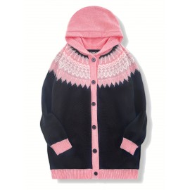 Plus Size, 2D FLAT PATTERN Soft Jacquard Glacier Snow Mountain Hooded Cardigan, Elegant, Fashionable, Comfortable, Casual And Retro Hooded Coat