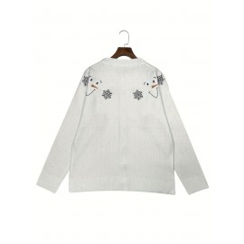 Plus Size, Women's Plus Size Winter 3D Snowman & Snowflake Cardigan Sweater - Cozy Round Neck Button Front Closure, Short Sleeve Winter Coat with Chest Snowman Design, Machine Washable Casual Outerwear for Fall & Spring Layering