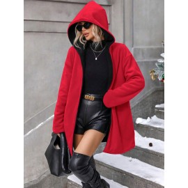 Plus Size, Plus Size Winter Reversible Hooded Jacket with Pockets - Elegant -Like Collar & Lap Jacket, Burgundy/Black Color-Block Coat, Machine Washable Long Outerwear for Plus-Size Ladies (No Closure, Fall/Winter)