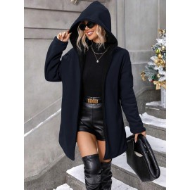 Plus Size, Plus Size Winter Reversible Hooded Jacket with Pockets - Elegant -Like Collar & Lap Jacket, Burgundy/Black Color-Block Coat, Machine Washable Long Outerwear for Plus-Size Ladies (No Closure, Fall/Winter)