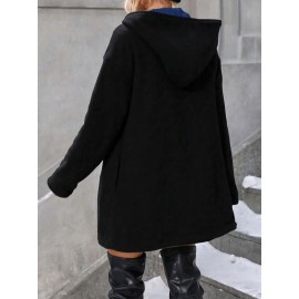 Plus Size, Plus Size Winter Reversible Hooded Jacket with Pockets - Elegant -Like Collar & Lap Jacket, Burgundy/Black Color-Block Coat, Machine Washable Long Outerwear for Plus-Size Ladies (No Closure, Fall/Winter)