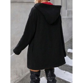 Plus Size, Plus Size Winter Reversible Hooded Jacket with Pockets - Elegant -Like Collar & Lap Jacket, Burgundy/Black Color-Block Coat, Machine Washable Long Outerwear for Plus-Size Ladies (No Closure, Fall/Winter)