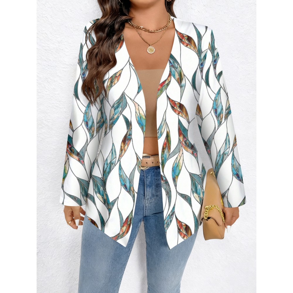 Plus Size, Plus Size Women's Elegant Full-Body Print Oversized Cardigan Coat - Winter Warm Long Sleeve Jacket with Collar, Machine Washable All-Over Pattern (No) for Casual, Office, Party - Plus Size Clothing (Curvy & Tall Friendly)
