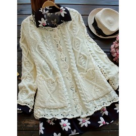 Plus Size, Plus Size Women's Casual Open Front Sweater, Long Sleeve with Pocket and Buttoned Scallop Hem