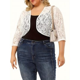 Plus Size Kimono Women Cardigan - Sheer Floral Pattern, 3/4 Sleeve, Open Front Shawl, Casual Spring/Summer Wear, Black, Elegant Event Wear, Short Length, Slight Stretch Fabric, No Lining