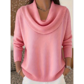 Christmas Green Elegant Long Sleeve Cowl Neck Sweater - Solid Color Minimalist Top, Women'S Winter Warm Pullover