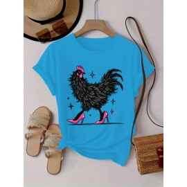 Women'S Red Cartoon Rooster & Stars Print T-Shirt - Loose Fit Crew Neck Short Sleeve, Breathable Summer Top with & Pink Rooster Design, Casual & Party Wear, Machine Washable Soft Everyday Shirt for Women
