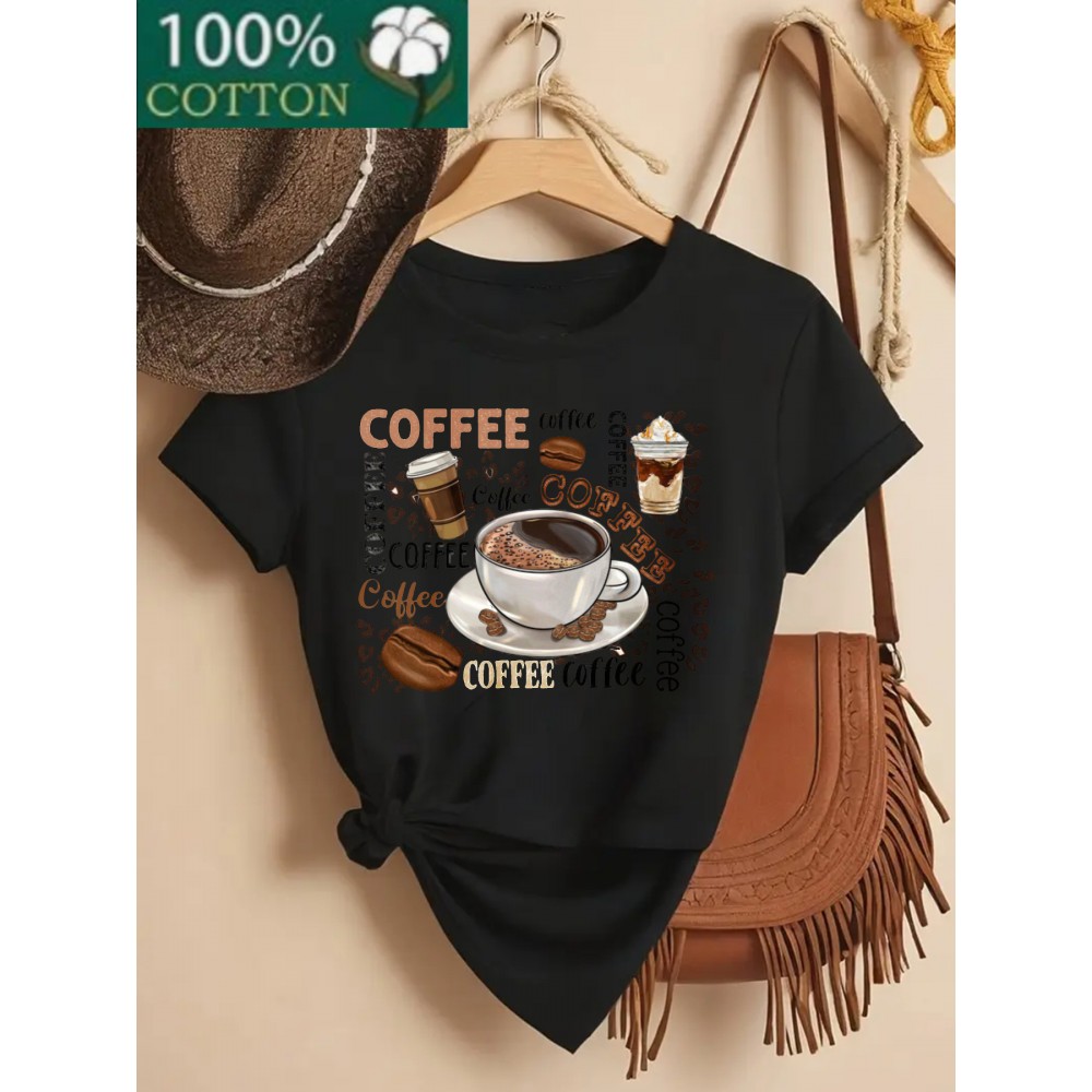 Women's 100% Coffee Lover's T-Shirt - Funny Coffee Cup & Beans Print with Cappuccino, Latte, Mocha, Espresso & Turkish Coffee Design - Casual Loose Fit Short Sleeve Round Neck Green & White Coffee-Themed Apparel for Casual Attire & Coffee Lovers Gift